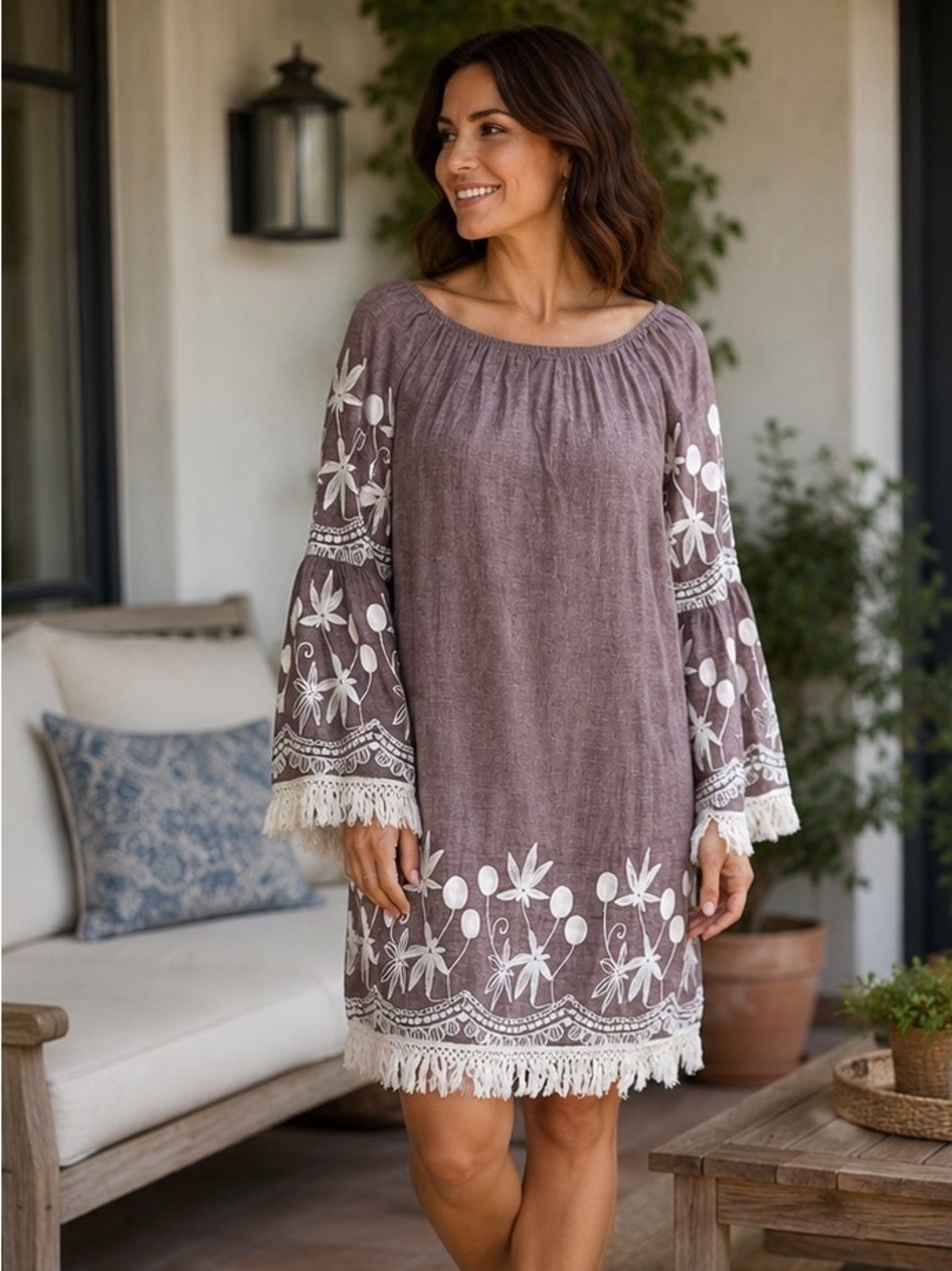 Indigo Soul L Boho Embroidered Fringe Cotton Tunic Dress Cover Up